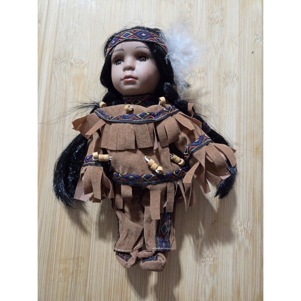 Vintage Native American Indian Beautiful Girl Doll Porcelain Bisque Face Stuffed